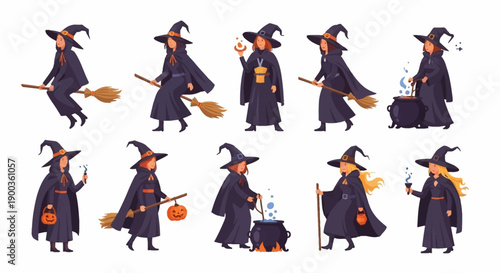 A witch in various dynamic poses with magical objects, set against a plain white background, from multiple viewpoints showcasing her movements and actions
