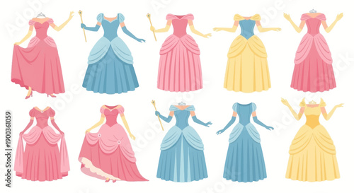 Collection of elegant dresses in various pastel colors and styles, showcasing fashion trends and design elements with Whisk reference.