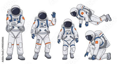 Astronaut illustrations in various poses and actions in space suits depicted from multiple viewpoints showcasing movement and flexibility in a vector graphic style