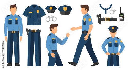 Police officers in uniform standing and walking with equipment and hats displayed separately in a graphic illustration