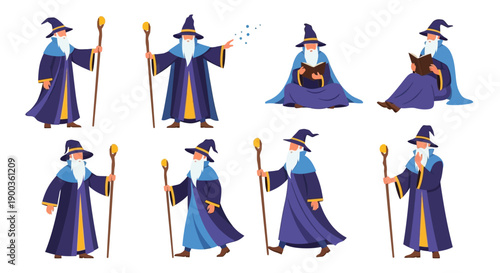 Wizards in various poses with staffs and cloaks, illustrations showcasing magical actions from different viewpoints.