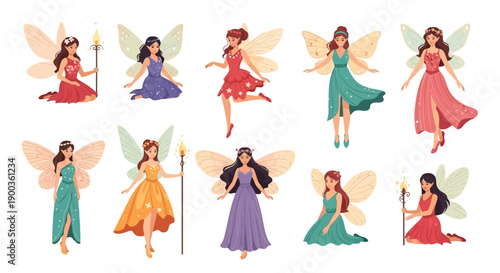 Collection of whimsical fairies with wands in various flowing dresses