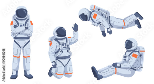 Astronaut in various poses floating in space, zero gravity environment, multiple viewpoints