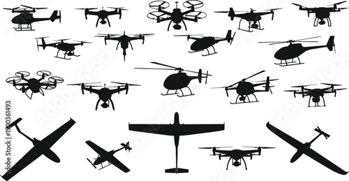 drone, helicopter, airplane, silhouette, aviation, aircraft, technology, unmanned, aerial, vehicle, flight, transport, surveillance, military, black, white, vector, illustration, isolated, background