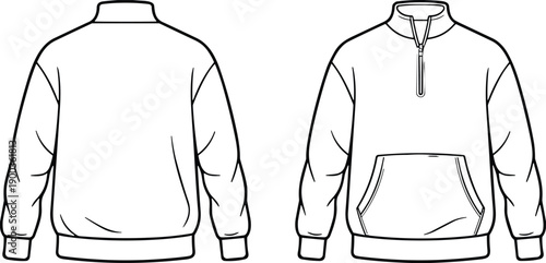 Pullover sweatshirt technical sketch front and back view, quarter zip collar, kangaroo pocket, ribbed cuffs hem, fashion design outline flat vector