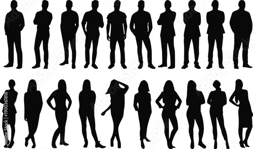 Silhouettes of diverse men and women standing in different poses, human figure collection, posture variation design, black outline flat vector