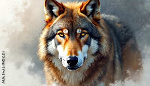 Close-up portrait of a wolf with piercing golden eyes and detailed fur. The animal looks directly forward, conveying intensity and wildness in an artistic painted style.