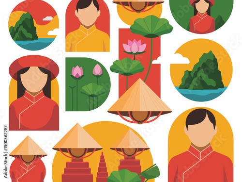 A vibrant illustration of Vietnamese culture featuring traditional clothing, lotus flowers, and iconic conical hats.