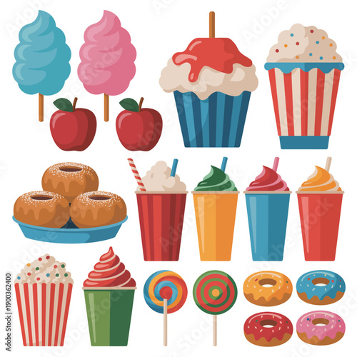 A colorful illustration of various sweet treats and desserts, including cupcakes, donuts, and ice cream.
