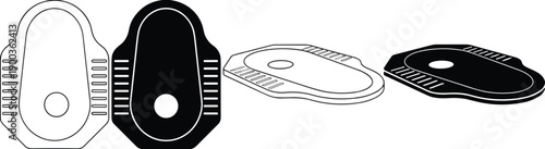   
Squat toilet illustration set, top view and angled perspective, black and white outline, solid design, hygiene concept, flat vector graphic