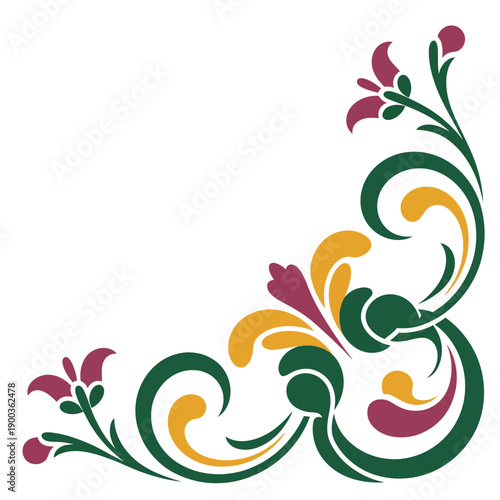 A colorful floral design element with swirling green, yellow, and red shapes on a white background
