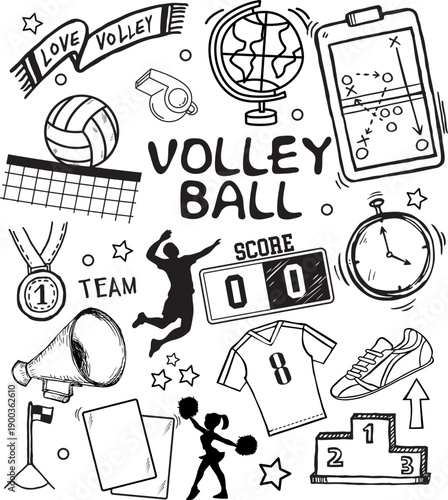 Doodle Volleyball Sports and Cheering Elements Collection