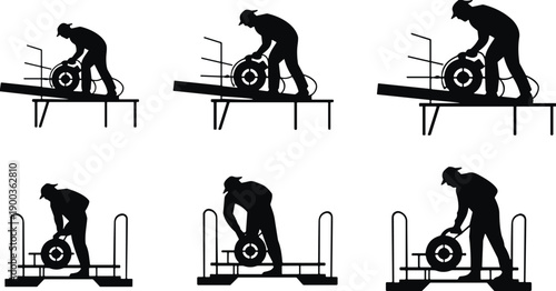 Worker handling wheel or tire on platform with railing, industrial process illustration, manual loading sequence, safety training design, black silhouette flat vector