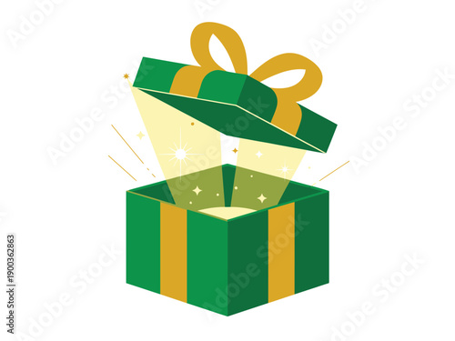 A vibrant green gift box with a gold ribbon opens to reveal a sparkling surprise inside.