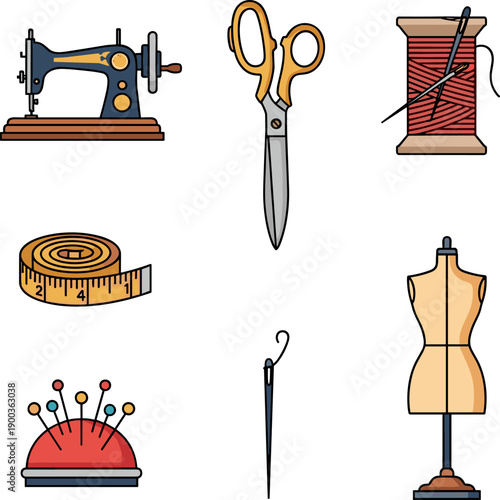 Vintage Sewing Machine and Tailor Tools Set - Flat Vector Illustration of Retro Handicraft Supplies