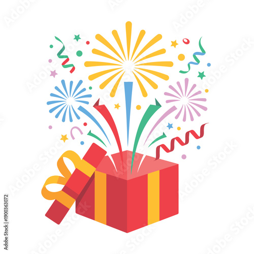 A vibrant red gift box with a yellow ribbon and colorful fireworks exploding out of it on a white background