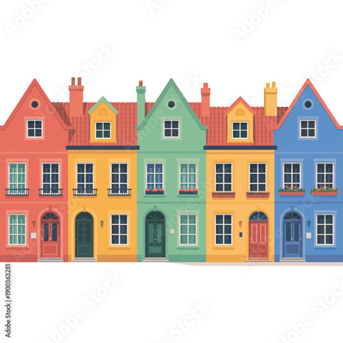 A row of colorful houses with different colored facades and roofs on a white background