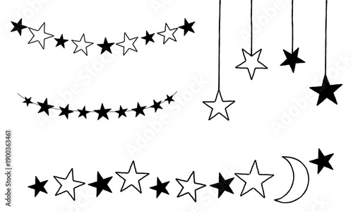 月と星のガーランド風手描きイラスト素材