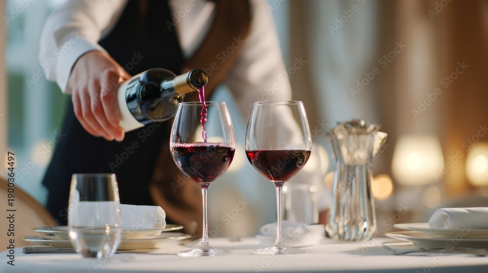 Obraz premium Waiter pouring red wine into glasses at a restaurant table, providing luxury service and fine dining experience