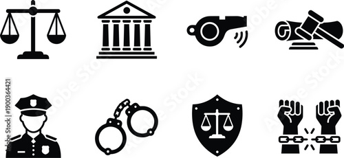 Law justice enforcement icon set featuring court police handcuffs gavel whistle symbols vector illustration solid design minimal black