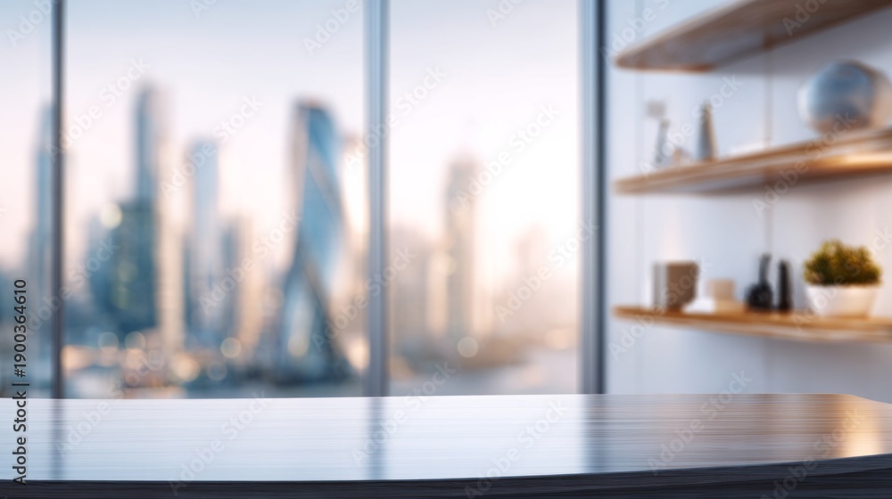 Fototapeta premium Empty desk surface in modern executive office with blurred city skyline and shelves background