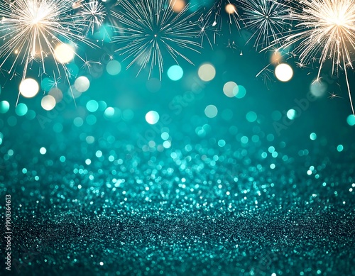Shimmering turquoise glitter surface with sparkling bokeh lights and celebratory firework bursts. Festive atmosphere