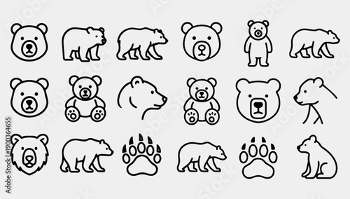 A collection of 15 black line illustrations of bears and bear parts on a gray background.