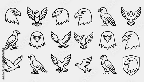 Collection of various eagle head and bird silhouettes in different poses on a gray background.