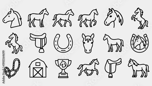 Collection of 18 black line icons depicting horses, horse riding equipment, and farm buildings on a light gray background.