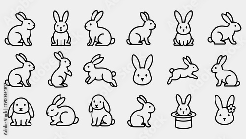 A set of black line illustrations of rabbits in various poses on a gray background.