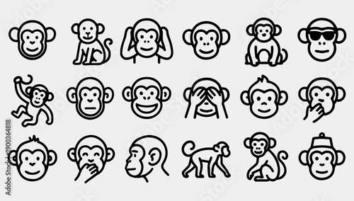 Collection of 16 monkey faces and poses in various expressions and actions on a plain white background in a flat lay composition with black outlines.