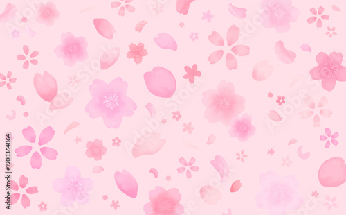 水彩風のかわいい桜の舞い散る背景_横