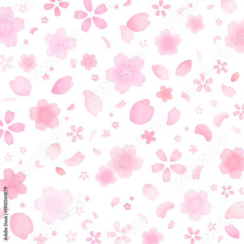 水彩風のかわいい桜の舞い散る背景_背景なし_正方形