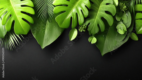 Lush green tropical leaves frame a dark background.