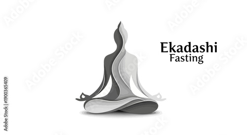 Vector illustration of a meditating figure in shades of gray with text 'Ekadashi Fasting' on a white background, representing spiritual practice and fasting.