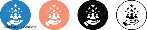 Community support growth icon set showing helping hand with people and stars vector illustration flat outline solid design