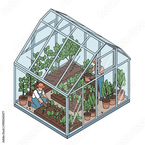 Illustration of a person tending plants in a greenhouse with various potted plants and trees.