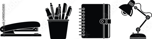 Black silhouette set of office stationery icons including stapler, pen holder, spiral notebook, and desk lamp isolated on white background,
