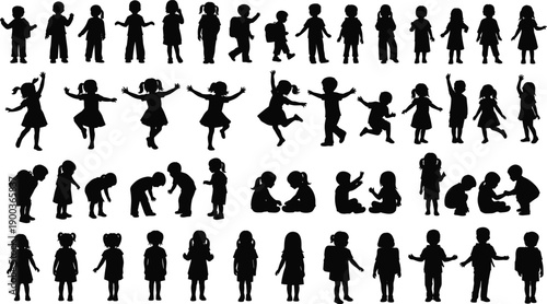 Large collection of children silhouettes, boys and girls standing, jumping, playing, and carrying backpacks, primary school students back to school set