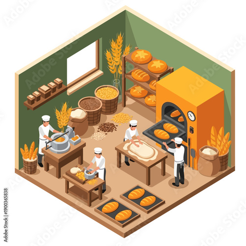 Bakery Scene with Workers Preparing Bread and Pastries.