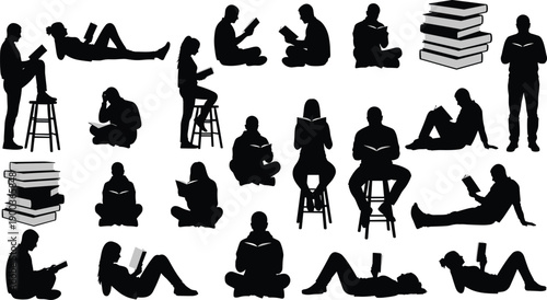 Large collection of people reading books silhouettes, men and women sitting, lying, and standing, library education and literacy concept icons