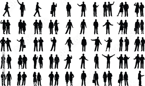 Large collection of people silhouettes walking standing and talking, diverse men and women groups interacting, urban life and professional crowd set