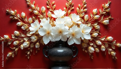 Dark vase holds white and gold floral arrangement. Delicate blossoms and leaves ornate a red textured background. Elegant wall art design for home decor, interior styling, luxury spaces.
