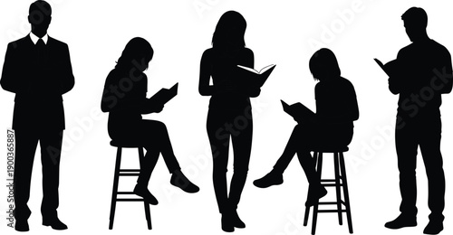 People Reading Books Silhouette Set, Student and Professional Character Outlines, Education Vector Graphics, Library Reader Icons, Study Group Elements, Isolated