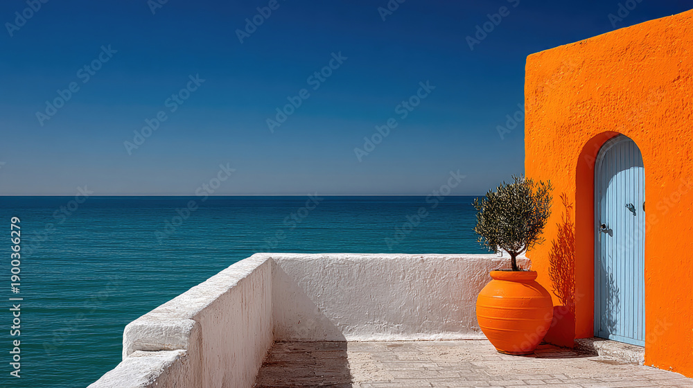 Fototapeta premium Mediterranean Vista Orange Building Blue Door and Tranquil Sea View.