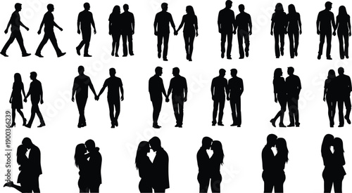 Set of romantic couple silhouettes, men and women walking, holding hands, and kissing, relationship and love concept isolated on white,