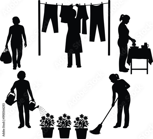 Set of woman doing housework silhouettes including hanging laundry, watering plants, sweeping floor, cooking, and shopping isolated on white background