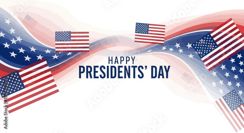 Vector illustration of a wavy American flag background with 'Happy Presidents' Day' text for celebration and decoration in a business or patriotic setting.
