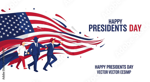 Vector illustration of people celebrating Presidents Day with an American flag background, decorative design elements, and a patriotic color scheme for business or celebration use.