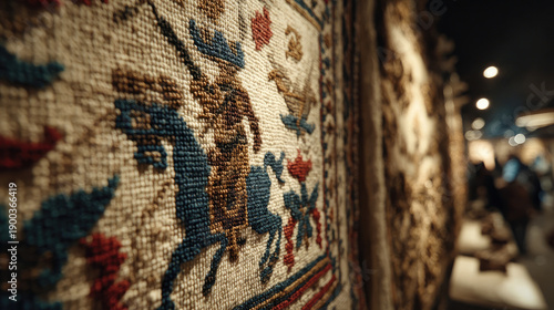 Intricate tapestry art in museum exhibit showcasing historical textile craftsmanship.